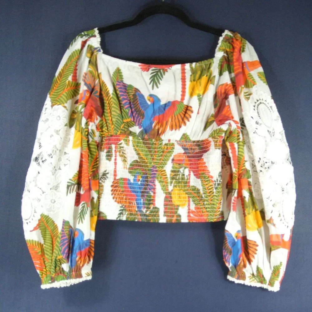 NEW Farm Rio Forest Birds Smocked Embroidered Blouse size M #833 - Picture 5 of 8